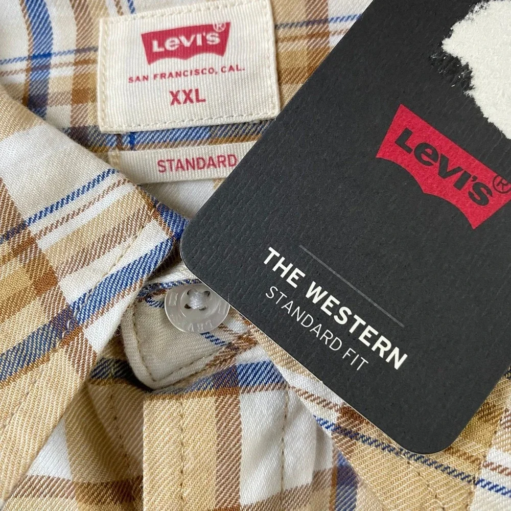 Levi's‎ Western Pearl Snap Shirt Men XXL Tan Plaid Button Up Cowboy Barn Rodeo
